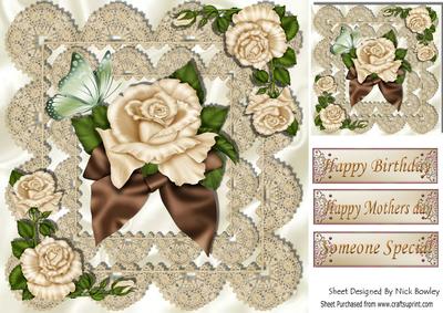 Cream Roses with Brown Bow on Antique Lace 8x8