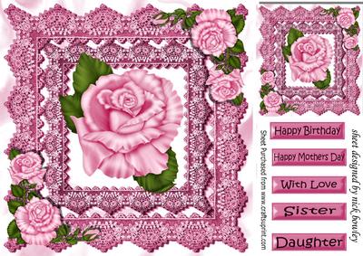 Pink Roses on Antique Lace Card Front 8x8