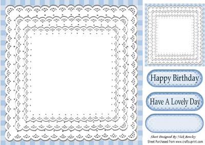 Blue Gingham and White Lace Card Front & Topper