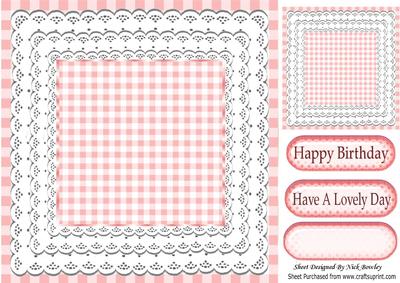 White Lace with Pretty Pink Gingham, 8x8 Card & Topper