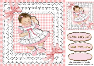 Sweet Baby Girl Sleeping in Lace and Gingham Card/topper 8x8