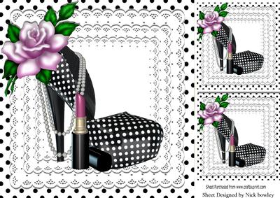 Pretty Ladies Black Polkadot Shoe with Rose 8x8