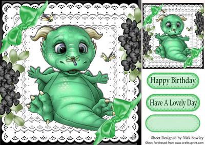 Cute Little Green Baby Dragon on Lace with Bows 8x8