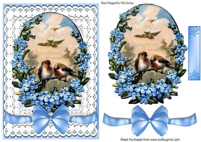 Vintage Birds with Blue For-get-me-nots, on Lace with Bow