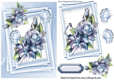Pretty Blue Roses and Butterflies on Lace