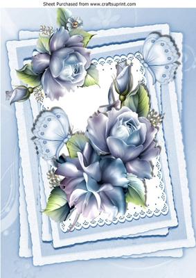 Pretty Blue Roses and Butterflies on Lace A4
