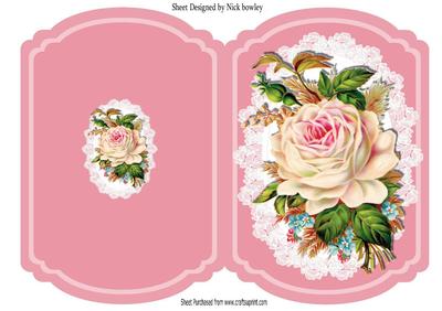 Pretty Bracket Card with Pink Vintage Roses on Lace