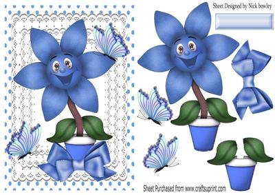 Happy Little Blue Flower with Butterflies and Bow