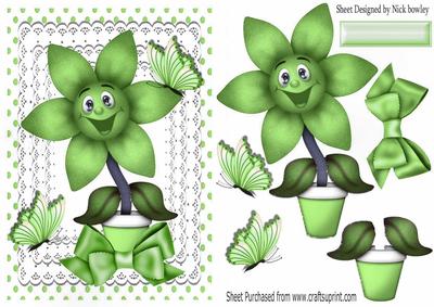 Happy Little Green Flower with Butterflies and Bow