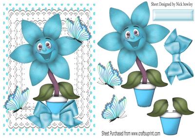 Happy Little Turq Flower with Butterflies and Bow