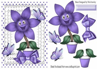 Happy Little Purple Flower with Butterflies and Bow