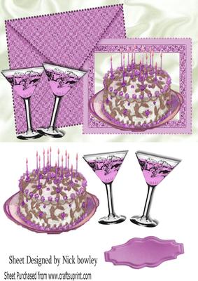 Happy Birthday Cake! with Pink Bubbly on Card and Envelope