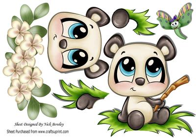 Cute Panda, Little Dragonfly, & Flowers A4