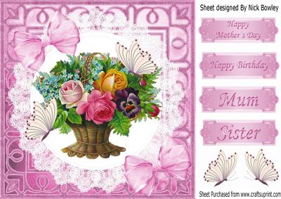 Basket of Mixed Flowers with Butterflies & Bows on Lace 8x8