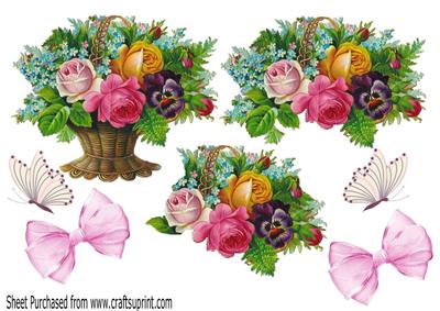 Basket of Mixed Flowers with Butterflies & Bows A4