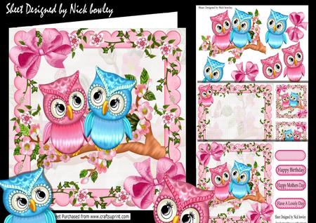 Cute Pair of Owls on a Branch of Flowers 8x8 Mini Kit