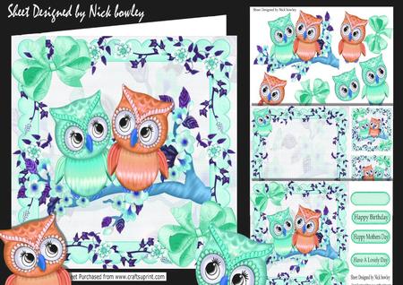 Cute Pair of Owls Turq on a Branch of Flowers 8x8 Mini Kit
