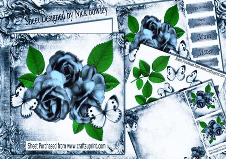 Pretty Blue Roses with Blue Butterflies in Ornate Frame Kit