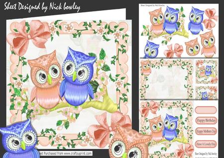 Cute Pair of Owls Peach on a Branch of Flowers 8x8 Mini Kit