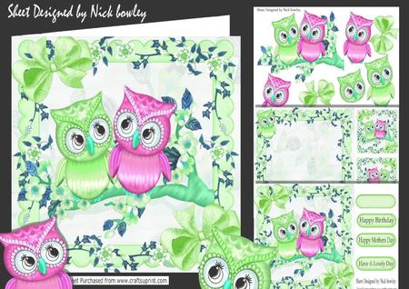 Cute Pair of Owls Green on a Branch of Flowers 8x8 Mini Kit