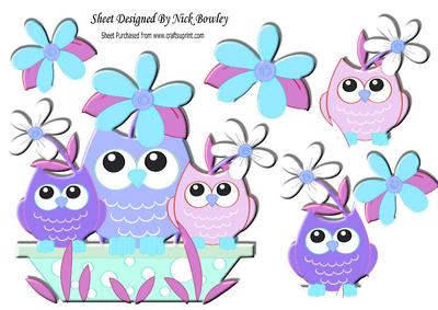 Owl Family in Purple with Flowers A4