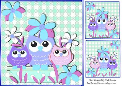 Owl Family in Purple with Flowers 8x8