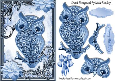 Blue Sparkle Owl with Flowers in Ornate Frame