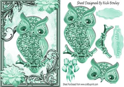 Turq Sparkle Owl with Flowers in Ornate Frame
