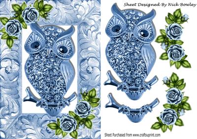 Blue Sparkle Owl with Roses in Ornate Frame