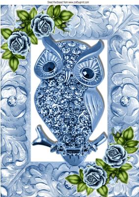 Blue Sparkle Owl with Roses in Ornate Frame A4