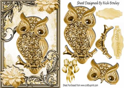 Gold Sparkle Owl with Gold Flowers in Ornate Frame