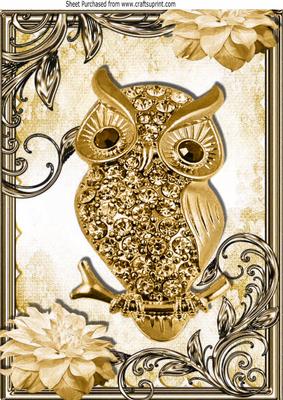 Gold Sparkle Owl with Gold Flowers in Ornate Frame A4