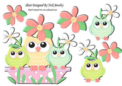 Owl Family in Peach with Flowers A4