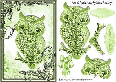 Green Sparkle Owl with Flowers in Ornate Frame