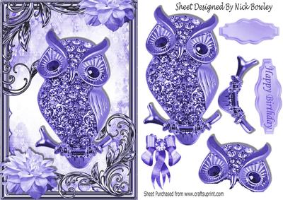 Purple Sparkle Owl with Flowers in Ornate Frame