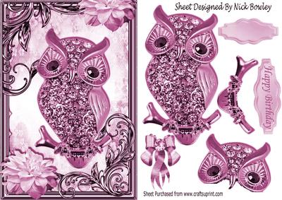 Pink Sparkle Owl with Flowers in Ornate Frame