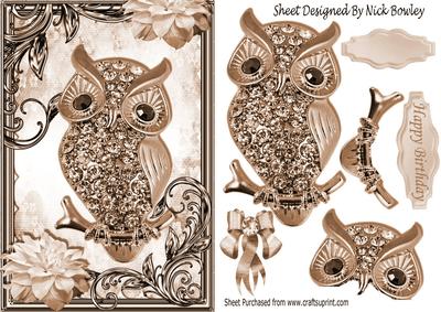 Brown Sparkle Owl with Flowers in Ornate Frame