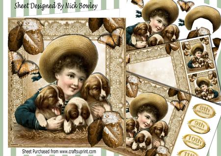 Vintage Boy with Little Puppies in Old Lace Frame 8x8 Kit