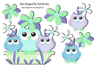 Owl Family in Blue with Flowers A4