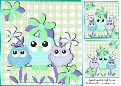 Owl Family in Blue with Flowers 8x8