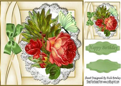 Beautiful Vintage Red Roses on Lace with Bow 8x8