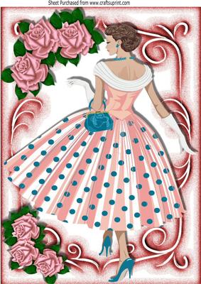 Pretty Lady in Polka Dot Dress with Pink Roses A4