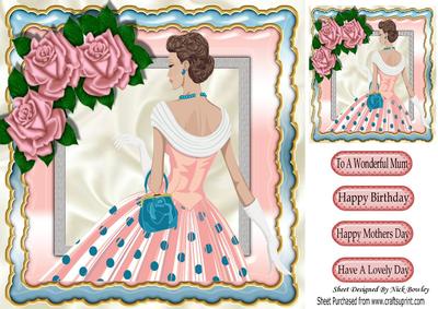 Lovely Lady in Polkadot Blue Dress with Pink Roses 8x8