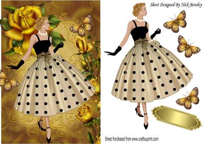 Elegant Lady with Pretty Gold Roses and Butterflies