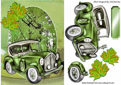 Autumn Run Lovely Vintage Green Car with Leaves