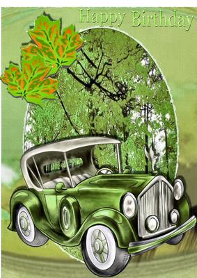 Autumn Run Lovely Vintage Green Car with Leaves for Birthday