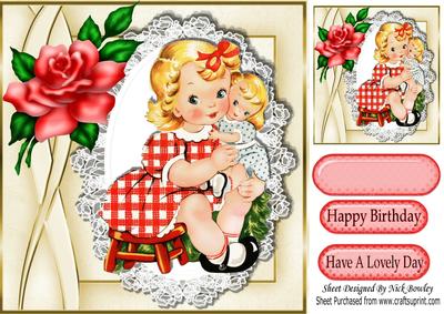 Little Girl Cuddling Her Dolly on Lace with Rose 8x8