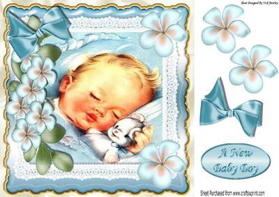 Sleepy Baby Boy Cuddling His Teddy with Flowers 8x8