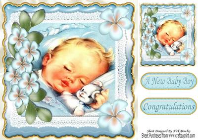 Sleepy Baby Boy Cuddling His Teddy with Topper 8x8