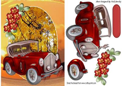Red Vintage Car, in Autumn Shades with Flowers
